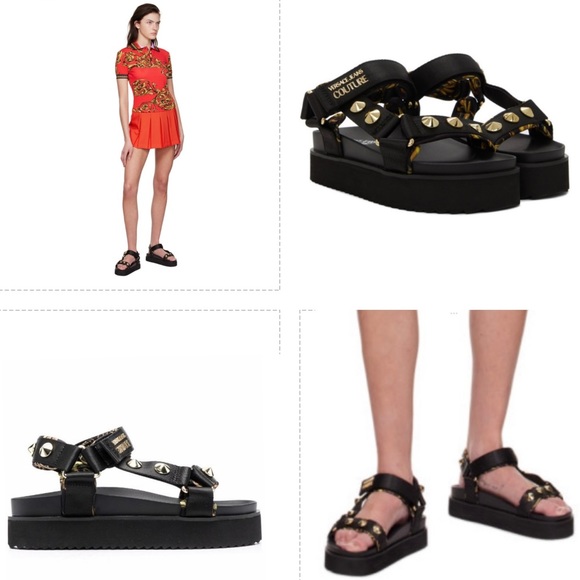 VERSACE GOLD STUDDED SANDALS , BLACK & BAROQUE PRINT WITH CHUCKY SOLES - Picture 1 of 16